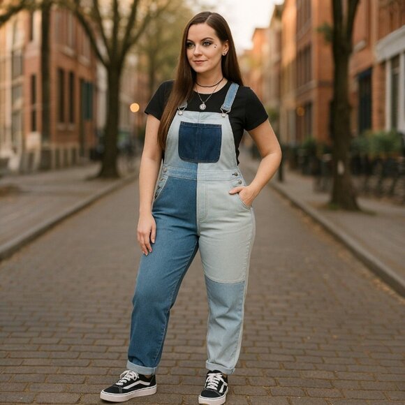 Momokrom Patchwork Two-Tone Denim Overalls W/ Frayed Seams – Size 4 NWT - Picture 4 of 9